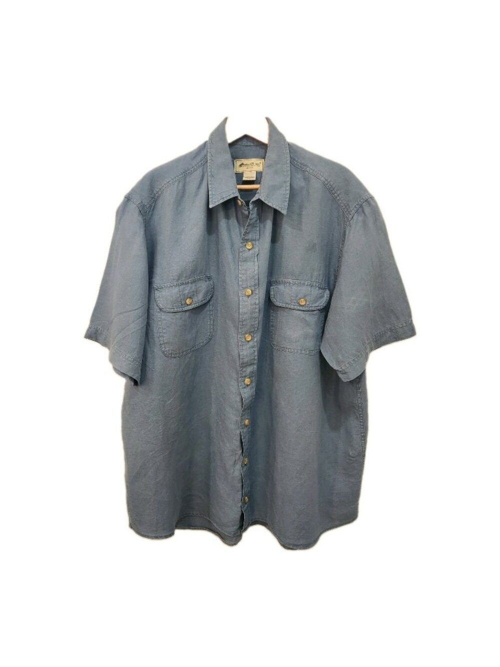 Eddie Bauer Shirt Men's XL Tall Blue 100% Linen Short Sleeve Button Up Fader XLT